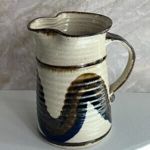 Studio Art Pottery Pitcher Vase Hand Thrown Glazed Brown Shades Stoneware Glossy